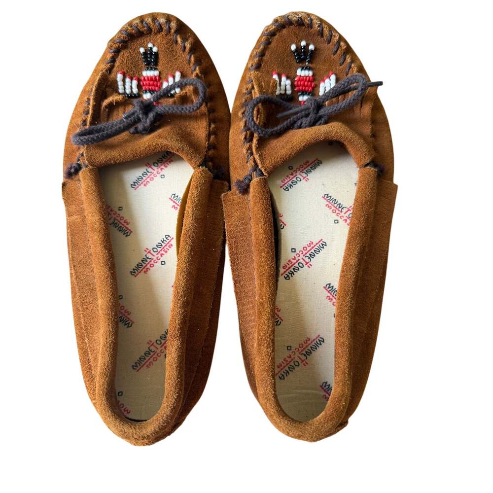 Minnetonka Thunderbird Moccasins Women’s Size 6 Brown Suede Beaded Fringe Leath